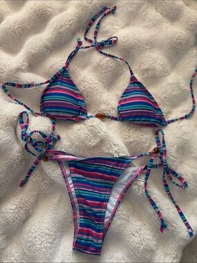 Commense Pink & Blue Striped Bikini